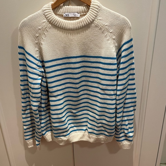 New Zara Cotton Fisherman Sweater with Turquoise Stripes - Picture 4 of 5